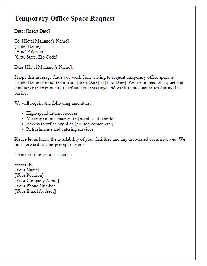 Letter template of temporary office space request at a hotel.