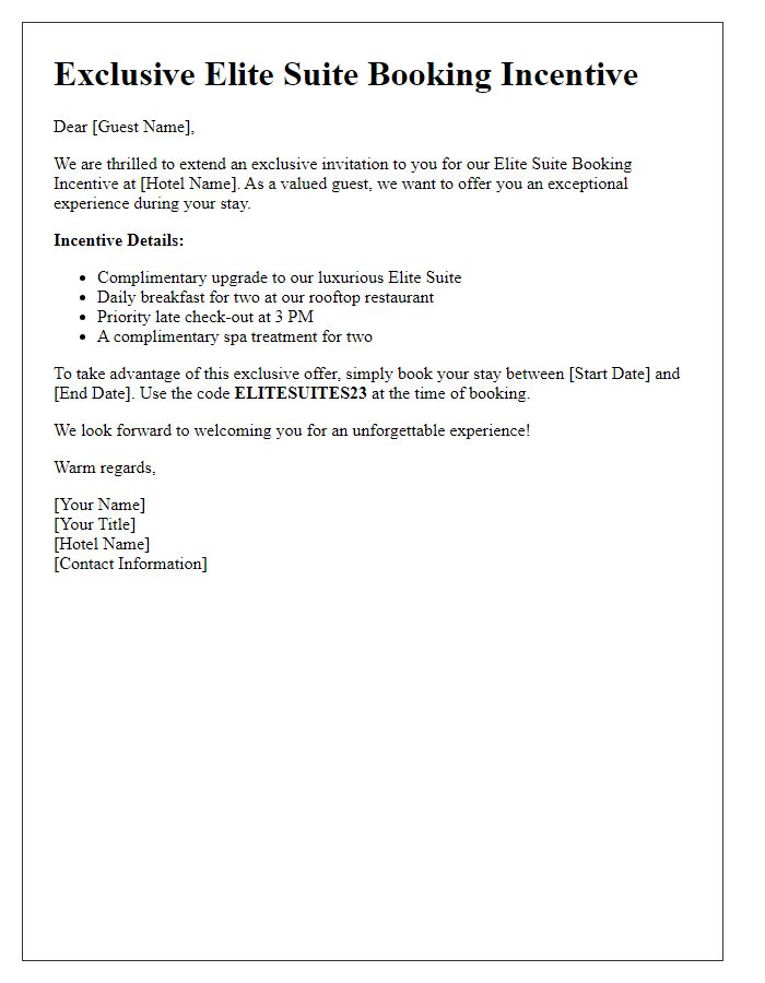 Letter template of elite suite booking incentive