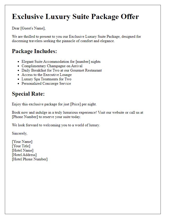 Letter template of exclusive luxury suite package offer