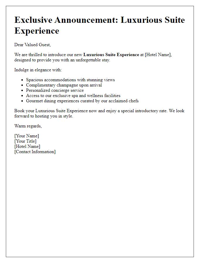 Letter template of luxurious suite experience announcement