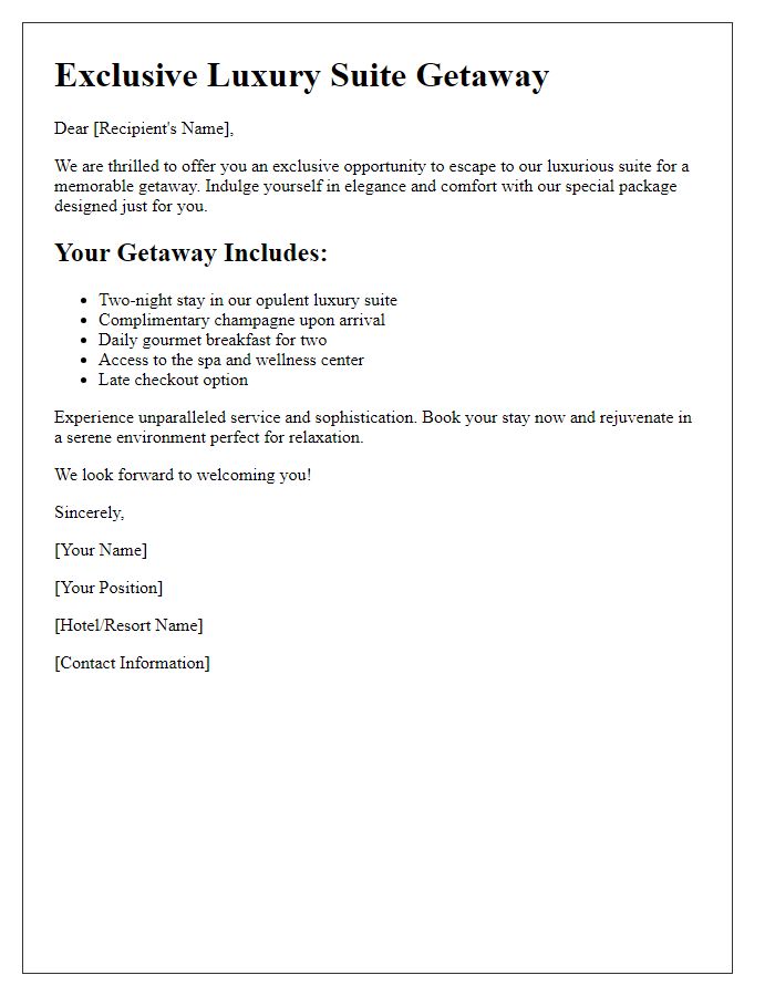 Letter template of luxury suite getaway special