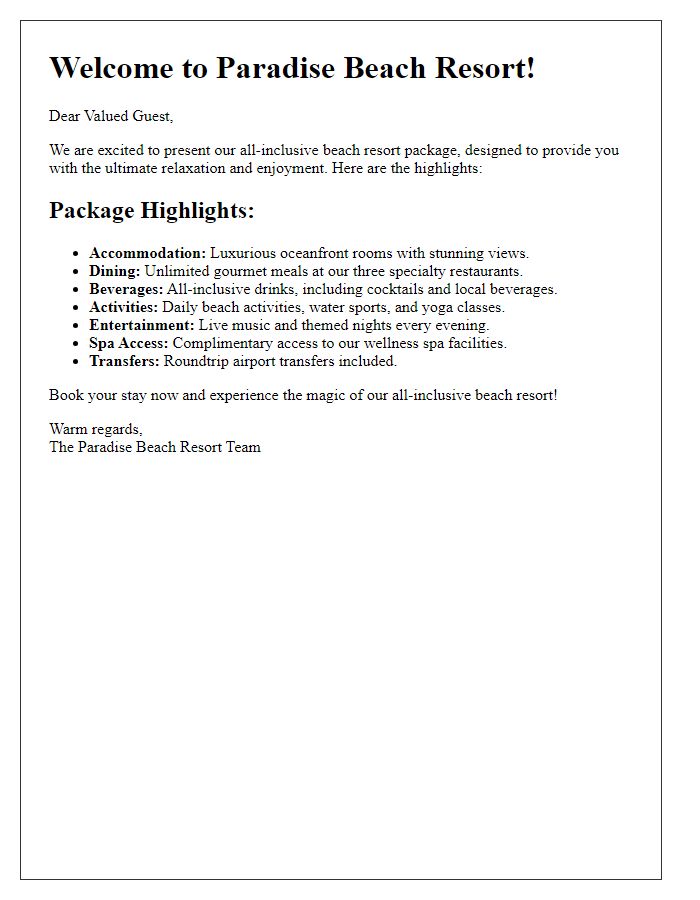 Letter template of all-inclusive beach resort package highlights