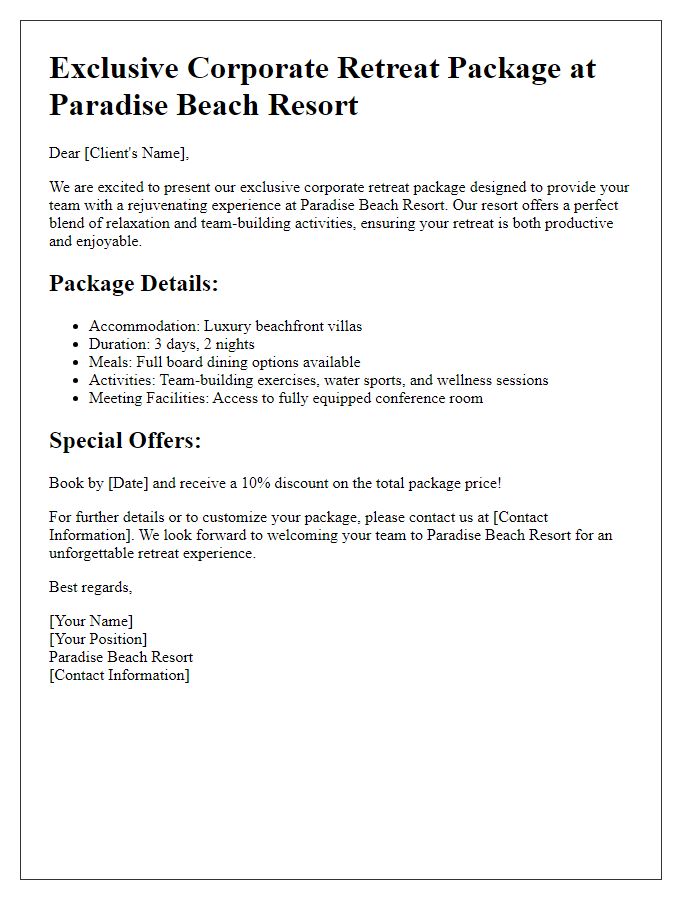 Letter template of beach resort package for corporate retreats