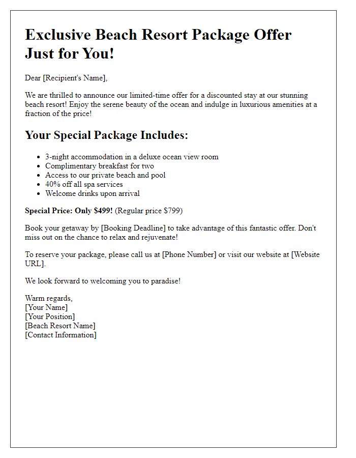 Letter template of discounted beach resort package offer