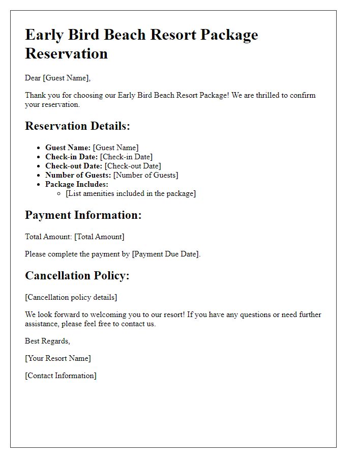 Letter template of early bird beach resort package reservation