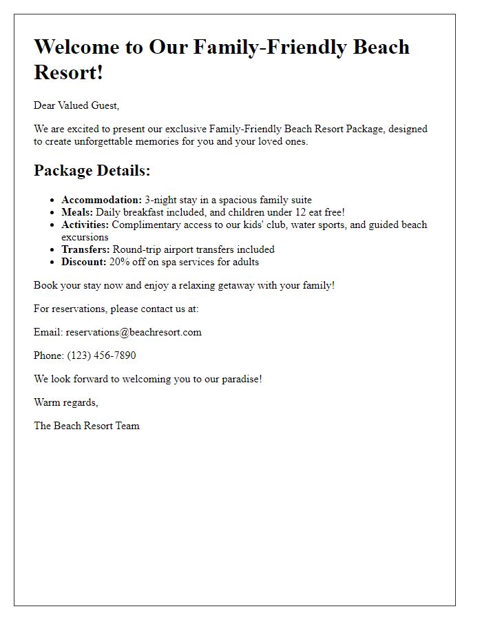 Letter template of family-friendly beach resort package details