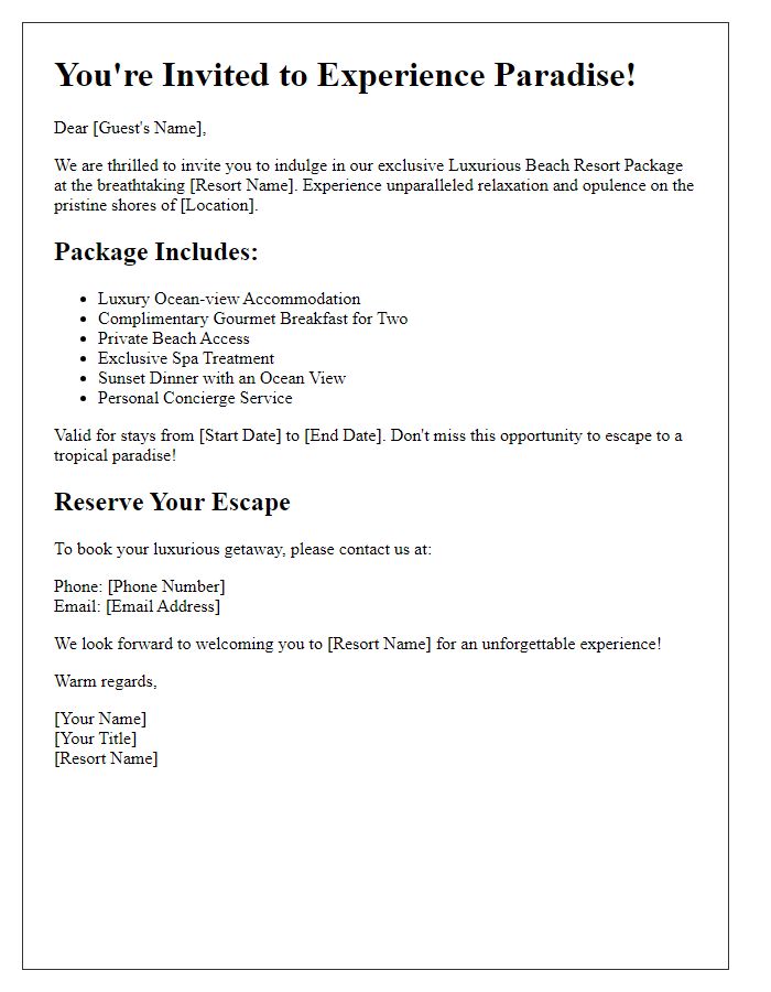 Letter template of luxurious beach resort package invitation