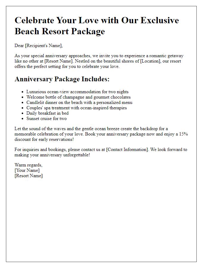 Letter template of romantic beach resort package for anniversaries