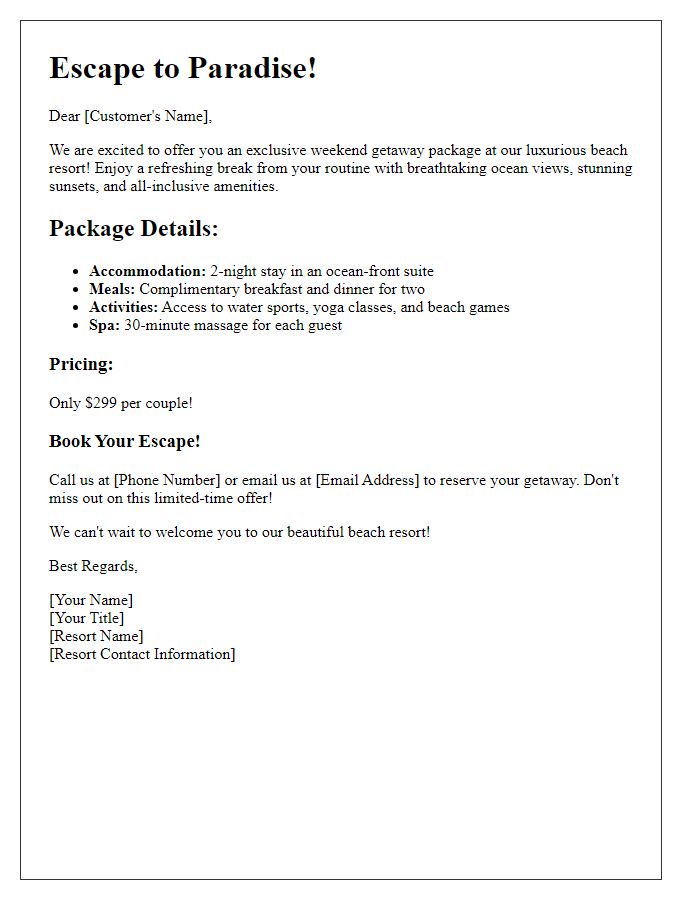 Letter template of weekend getaway beach resort package