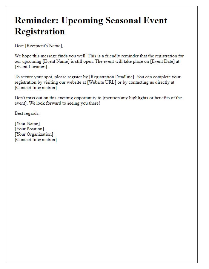 Letter template of reminder for seasonal event registration