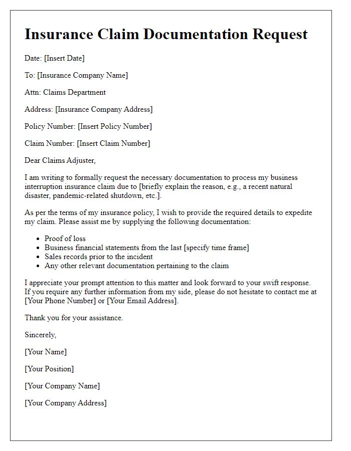 Letter template of insurance claim documentation request for business interruption.