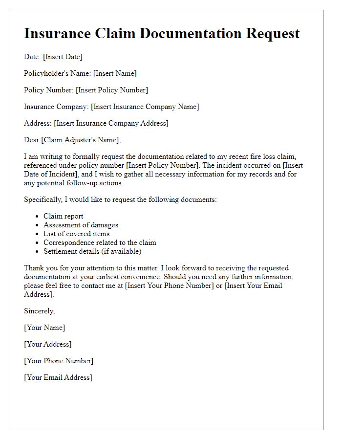 Letter template of insurance claim documentation request for fire loss.