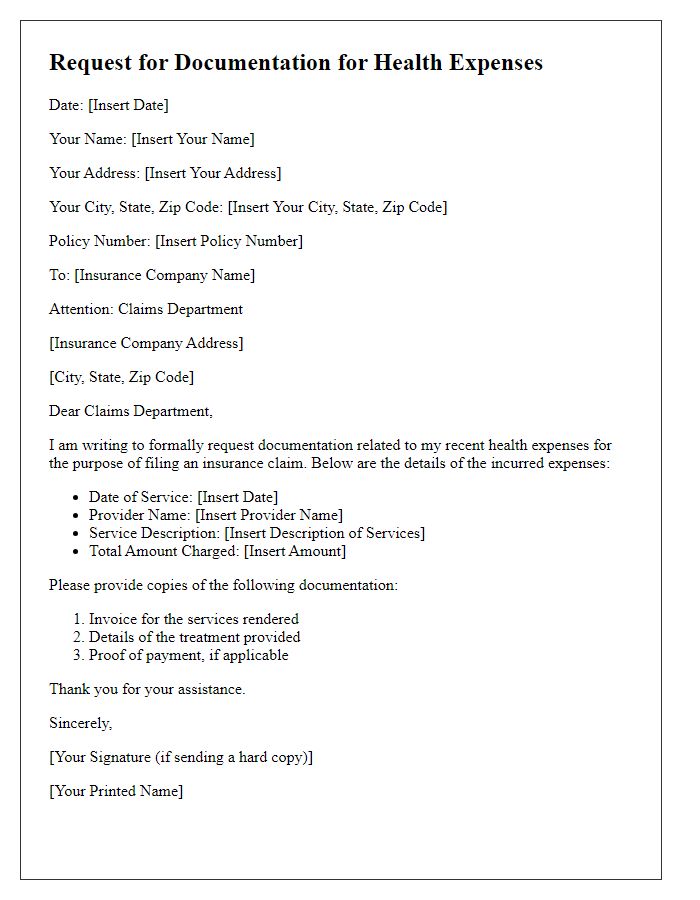 Letter template of insurance claim documentation request for health expenses.