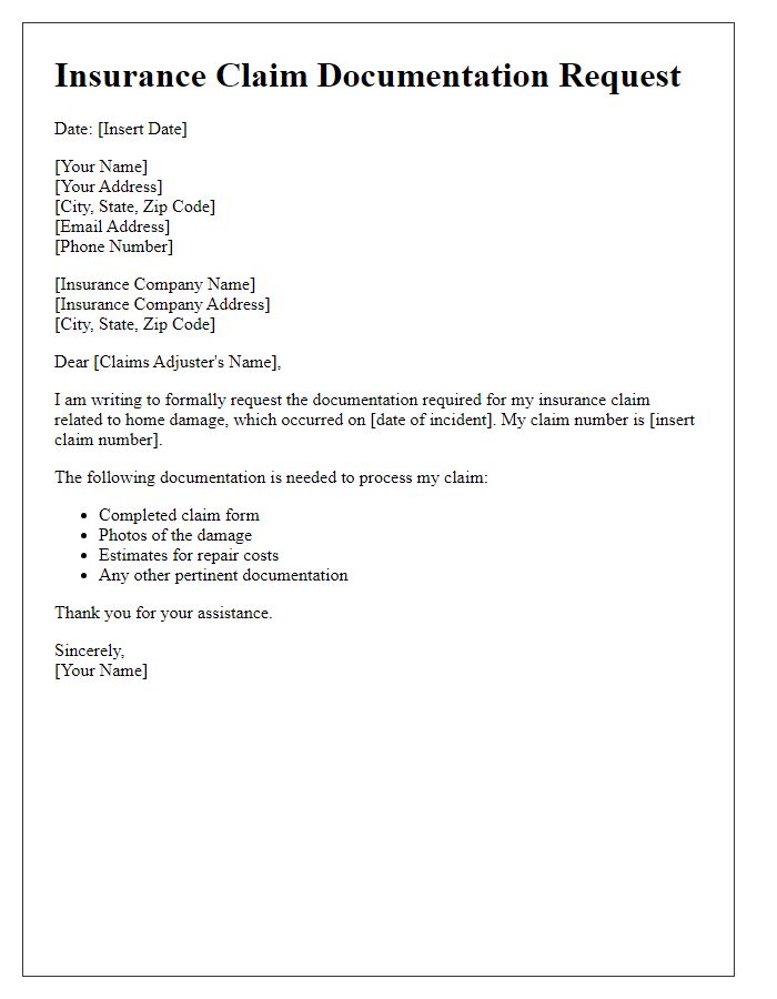 Letter template of insurance claim documentation request for home damage.