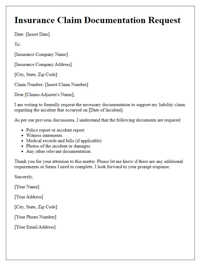 Letter template of insurance claim documentation request for liability claim.