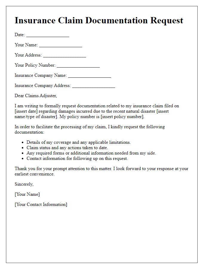 Letter template of insurance claim documentation request for natural disaster.