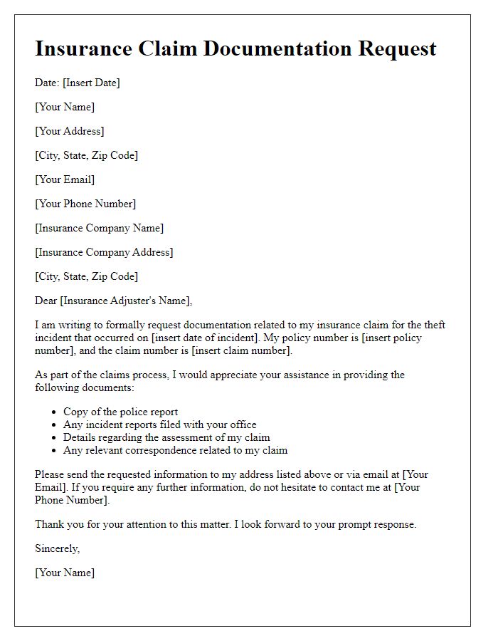 Letter template of insurance claim documentation request for theft incident.