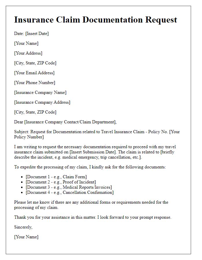 Letter template of insurance claim documentation request for travel insurance.