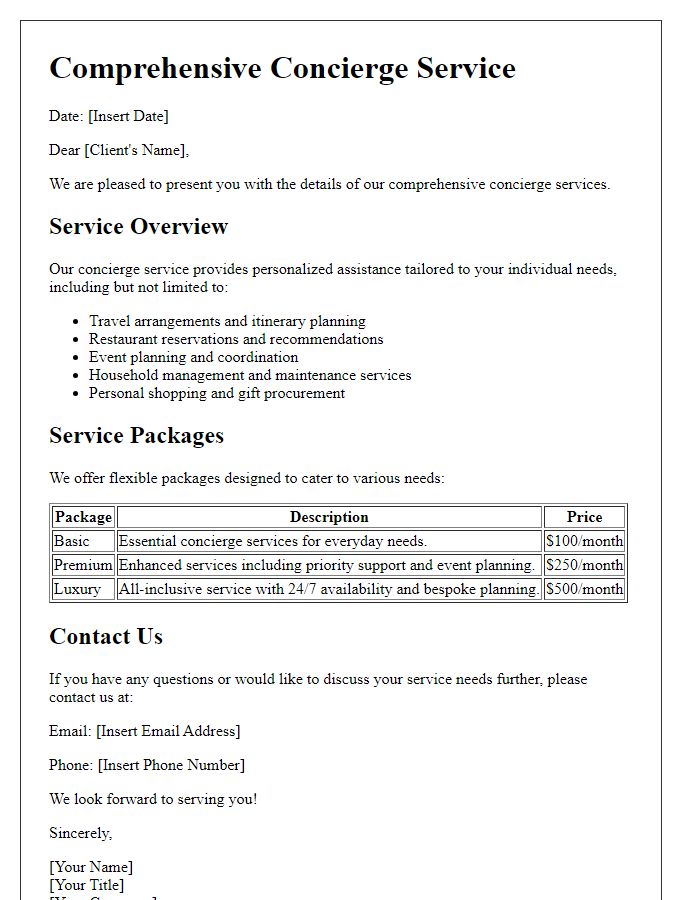 Letter template of comprehensive concierge service details.