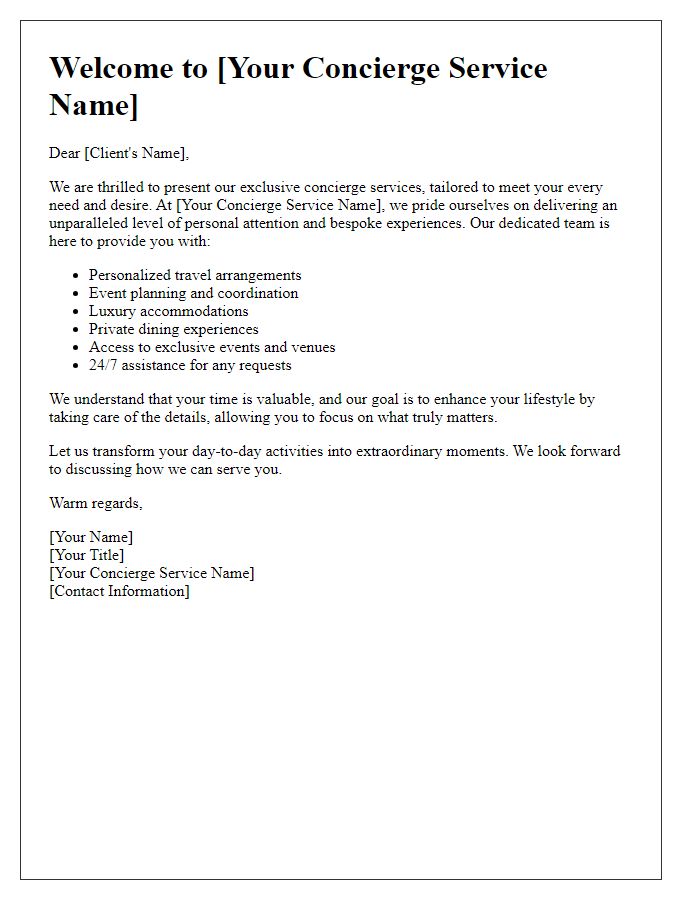 Letter template of exclusive concierge service presentation.