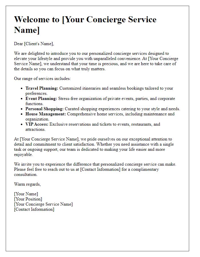 Letter template of personalized concierge offerings introduction.