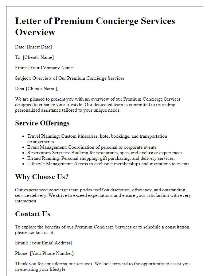 Letter template of premium concierge services overview.