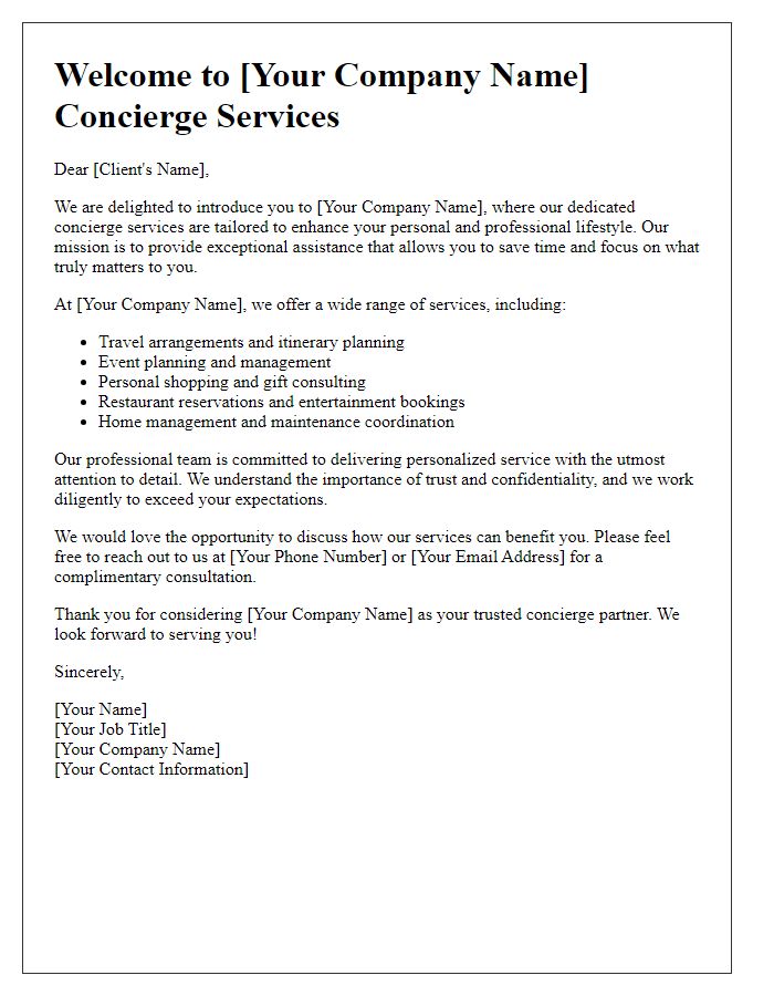 Letter template of professional concierge services introduction.