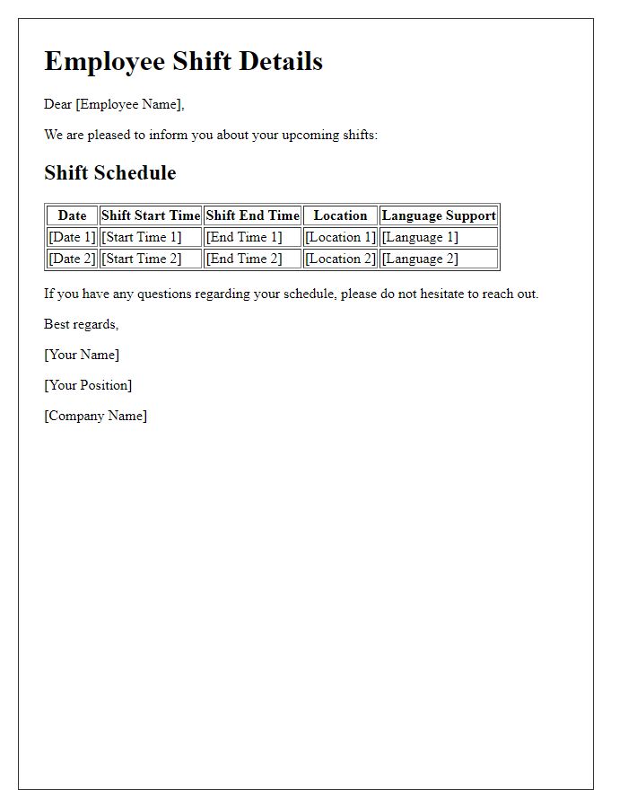 Letter template of multilingual employee shift details