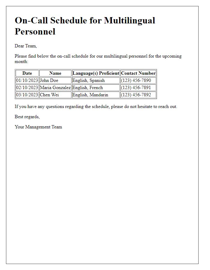 Letter template of multilingual personnel on-call schedule