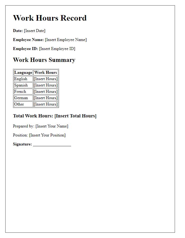 Letter template of multilingual personnel work hours