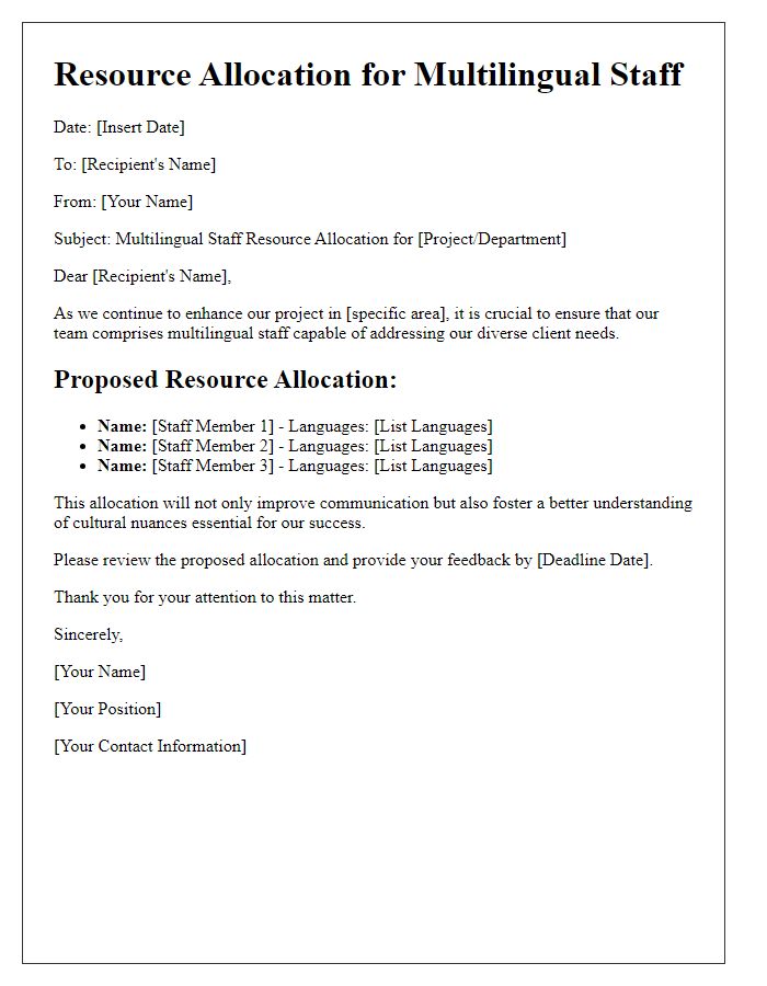 Letter template of multilingual staff resource allocation