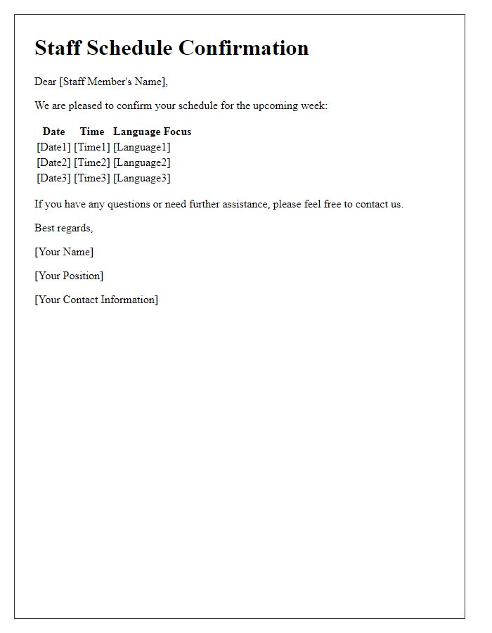 Letter template of multilingual staff schedule confirmation