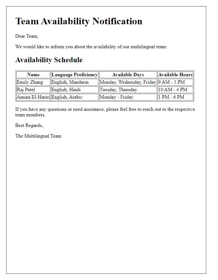 Letter template of multilingual team availability notification