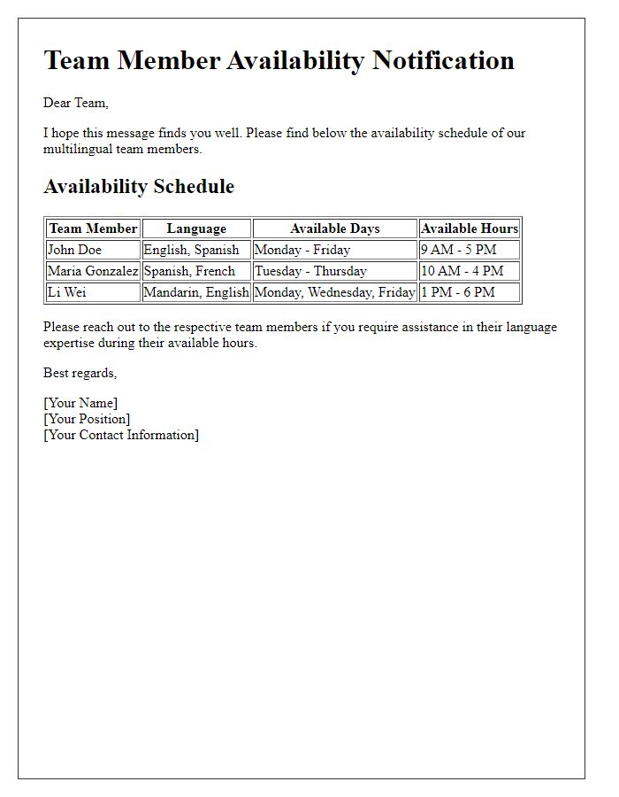 Letter template of multilingual team member availability