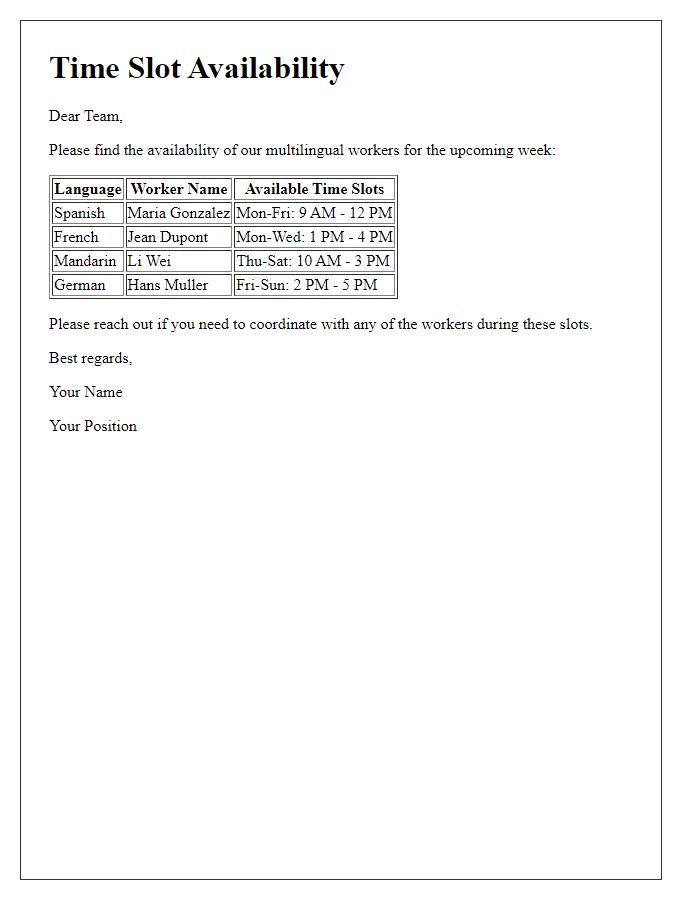 Letter template of multilingual workers time slots