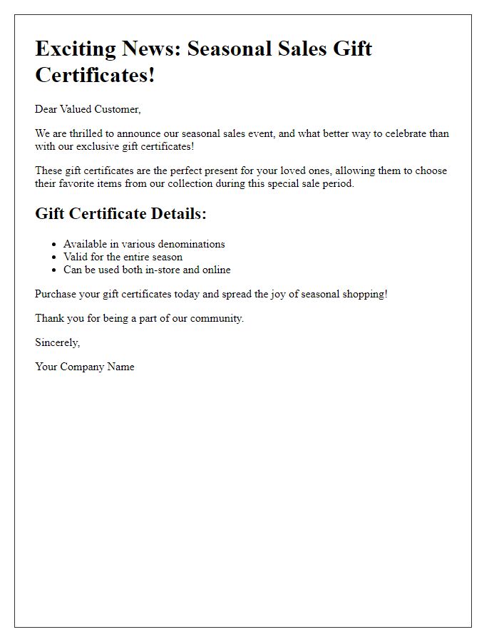 Letter template of gift certificate announcement for seasonal sales