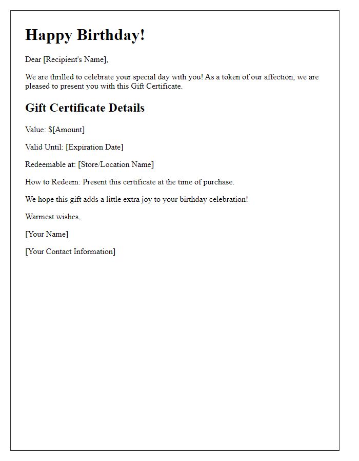 Letter template of gift certificate deal for birthday celebrations