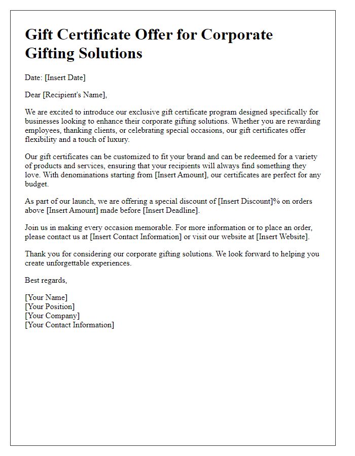 Letter template of gift certificate offer for corporate gifting solutions