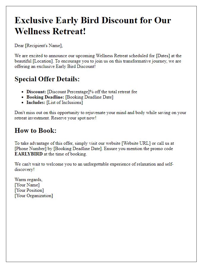 Letter template of early bird wellness retreat discount