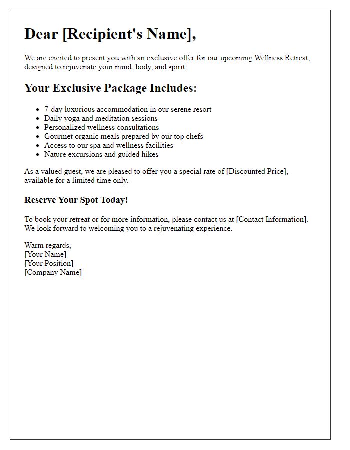 Letter template of exclusive wellness retreat package offer