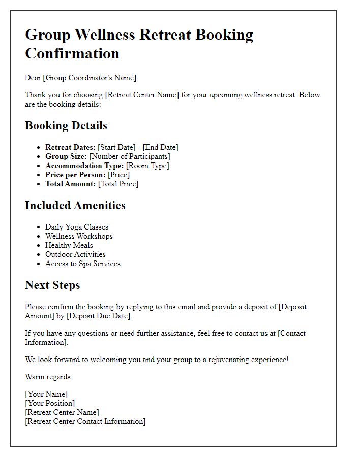 Letter template of group wellness retreat booking details