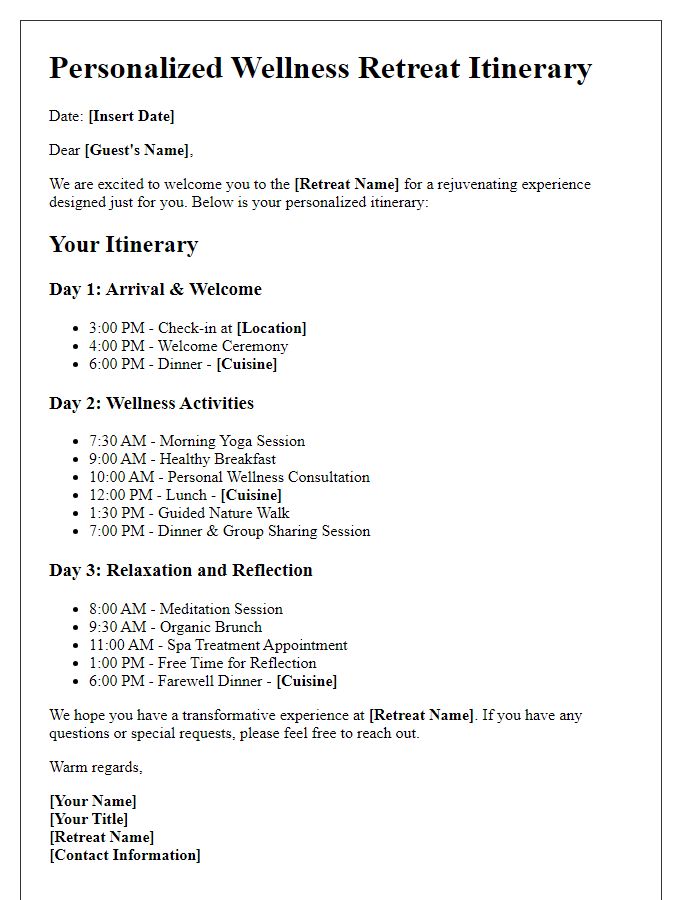 Letter template of personalized wellness retreat itinerary