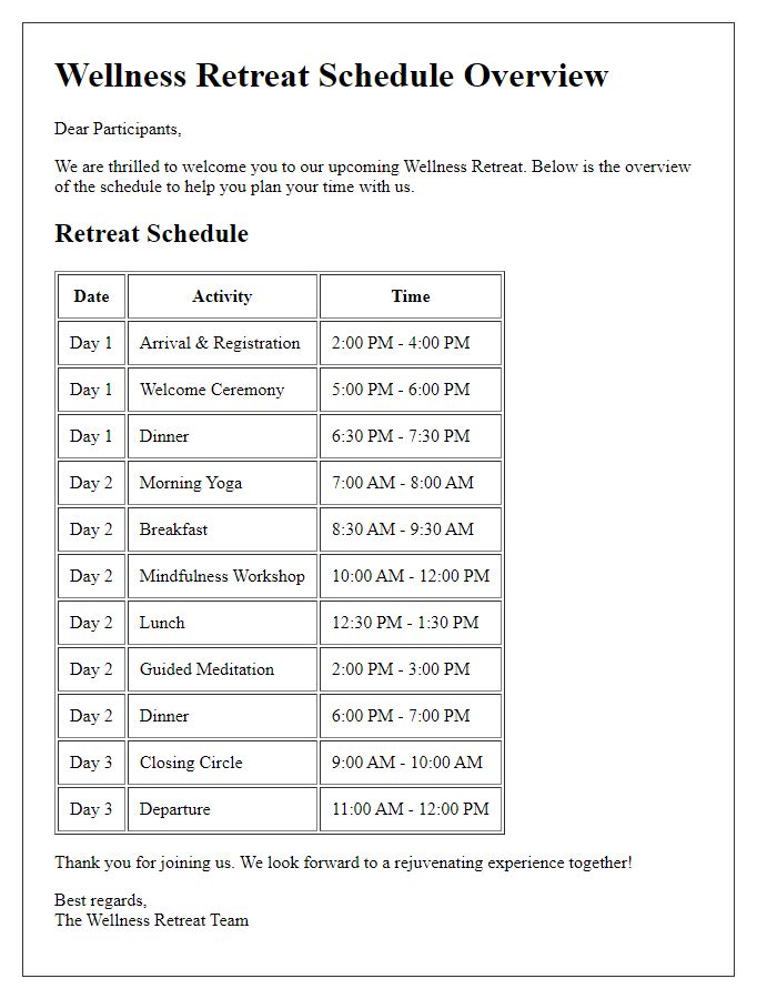 Letter template of wellness retreat schedule overview