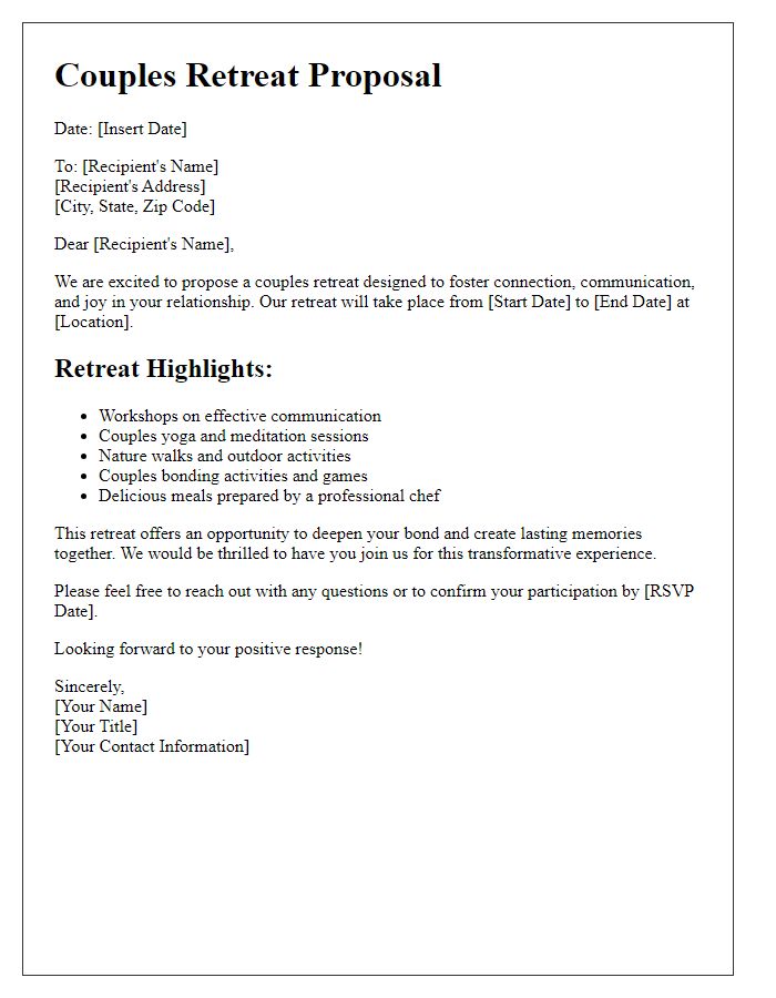 Letter template of a couples retreat proposal.