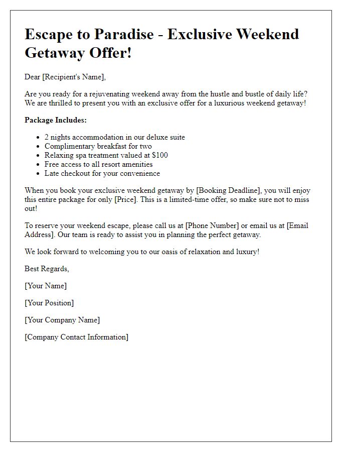 Letter template of exclusive weekend getaway offer