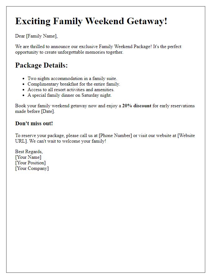 Letter template of family weekend package promotion