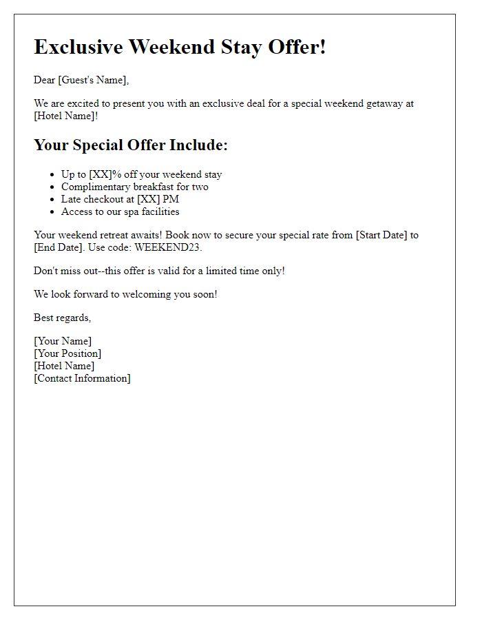 Letter template of special weekend stay deal