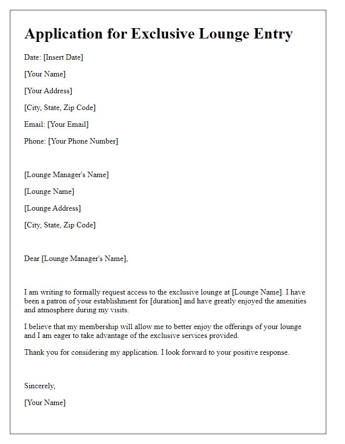 Letter template of application for exclusive lounge entry.