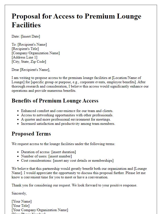 Letter template of proposal for access to premium lounge facilities.