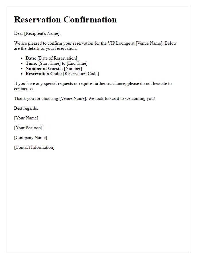 Letter template of reservation for VIP lounge use.